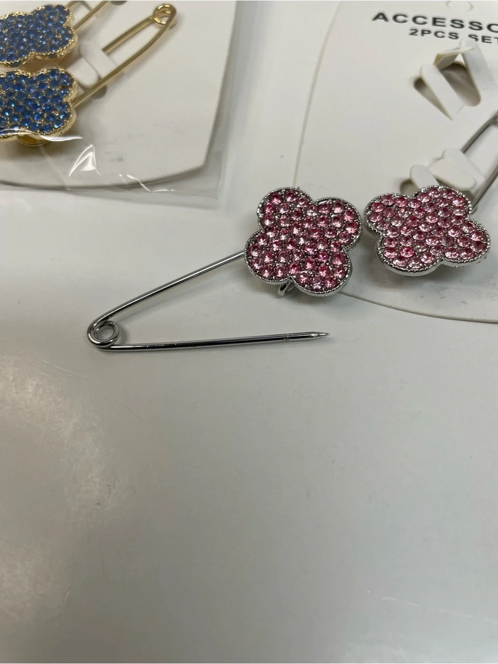 Rhinestone Clover Pin Brooch Set in Blue and Pink 2-Sets